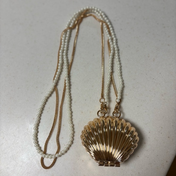 Handbags - Gold Shell Clutch with Pearl Strap